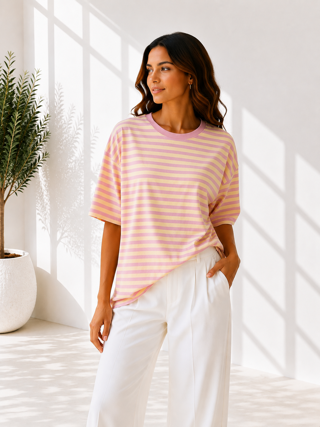 STREPEN T-SHIRT ROZE/GEEL