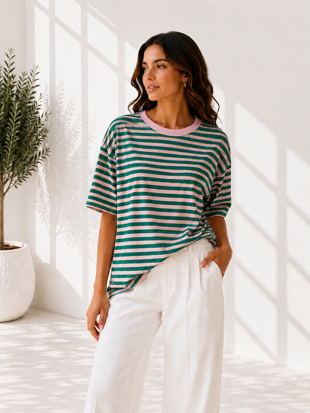 STREPEN T-SHIRT ROZE/GROEN