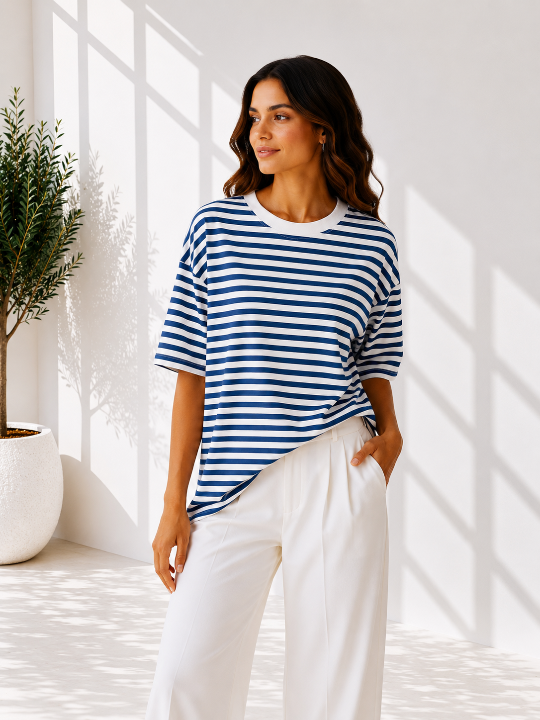 STREPEN T-SHIRT WIT/DONKERBLAUW