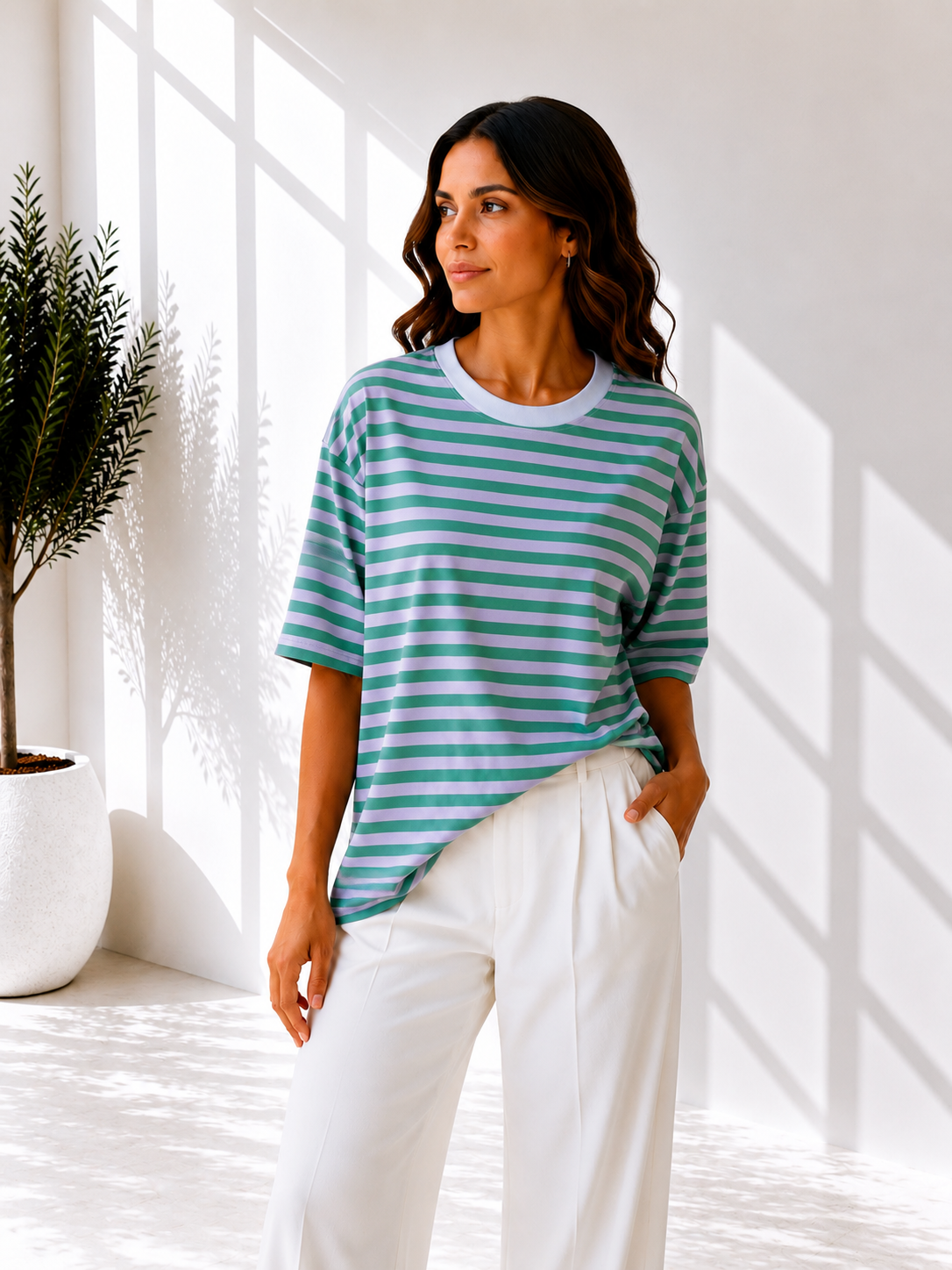 STREPEN T-SHIRT GROEN/BLAUW